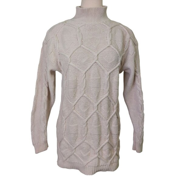 Vintage Mixed Blues Mock Neck Ivory Cable Knit Sweater Medium~80's~Heavy/Thick - Picture 1 of 10